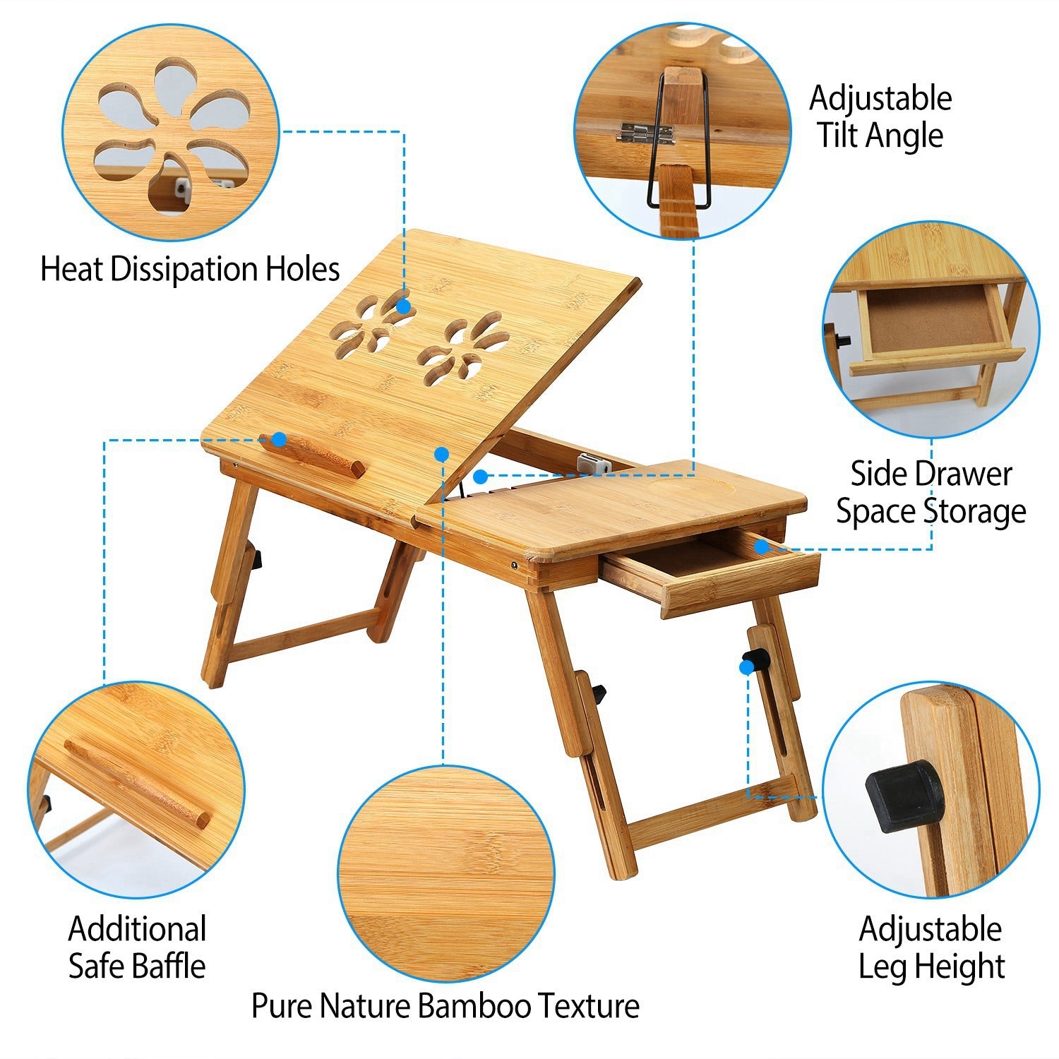 1Pc Bamboo Laptop Desk Breakfast Serving Bed Tray Foldable Leg Multi-Position Adjustable Tilt Surface Bed Lap Tray With Side Storage Drawer For Work Study Reading