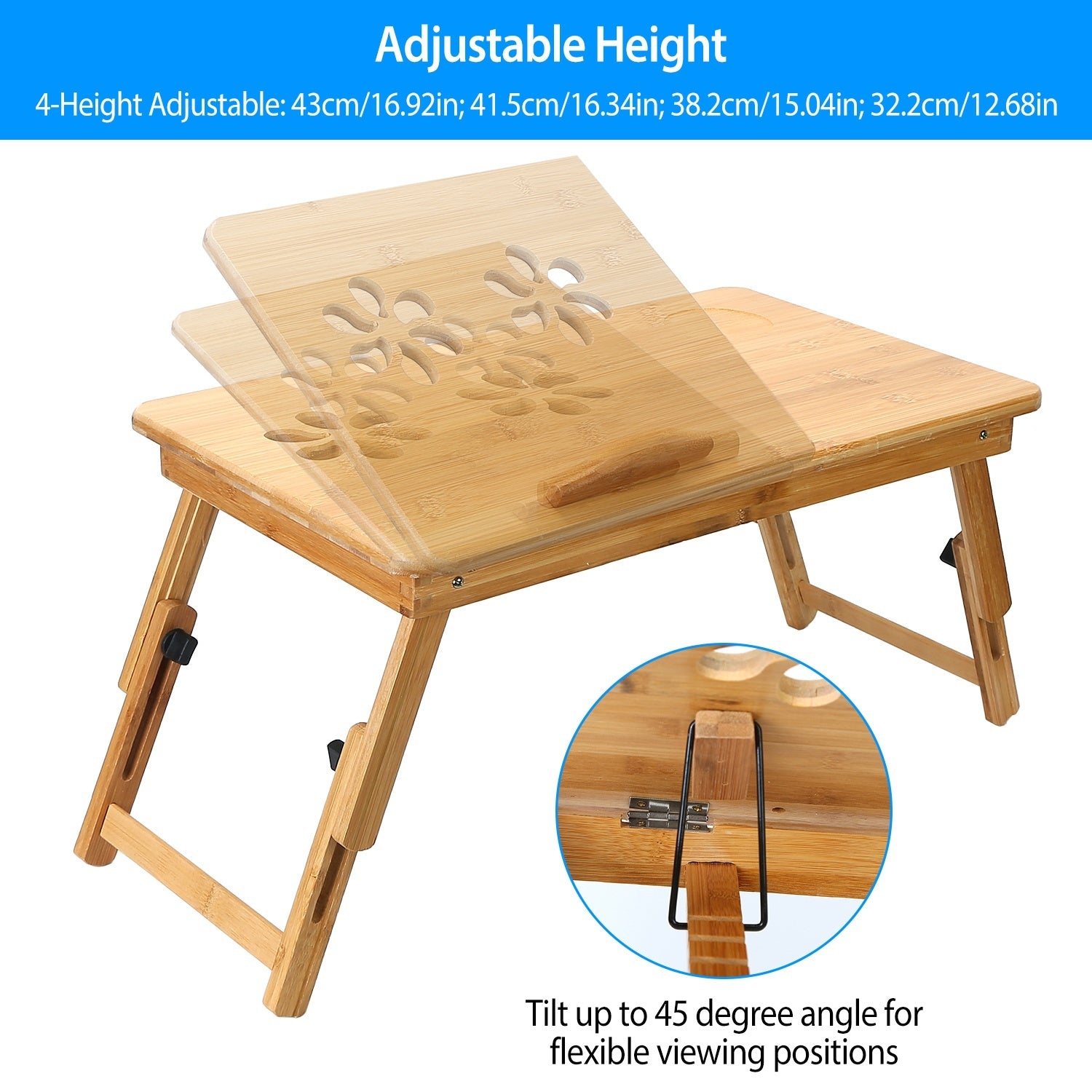 1Pc Bamboo Laptop Desk Breakfast Serving Bed Tray Foldable Leg Multi-Position Adjustable Tilt Surface Bed Lap Tray With Side Storage Drawer For Work Study Reading