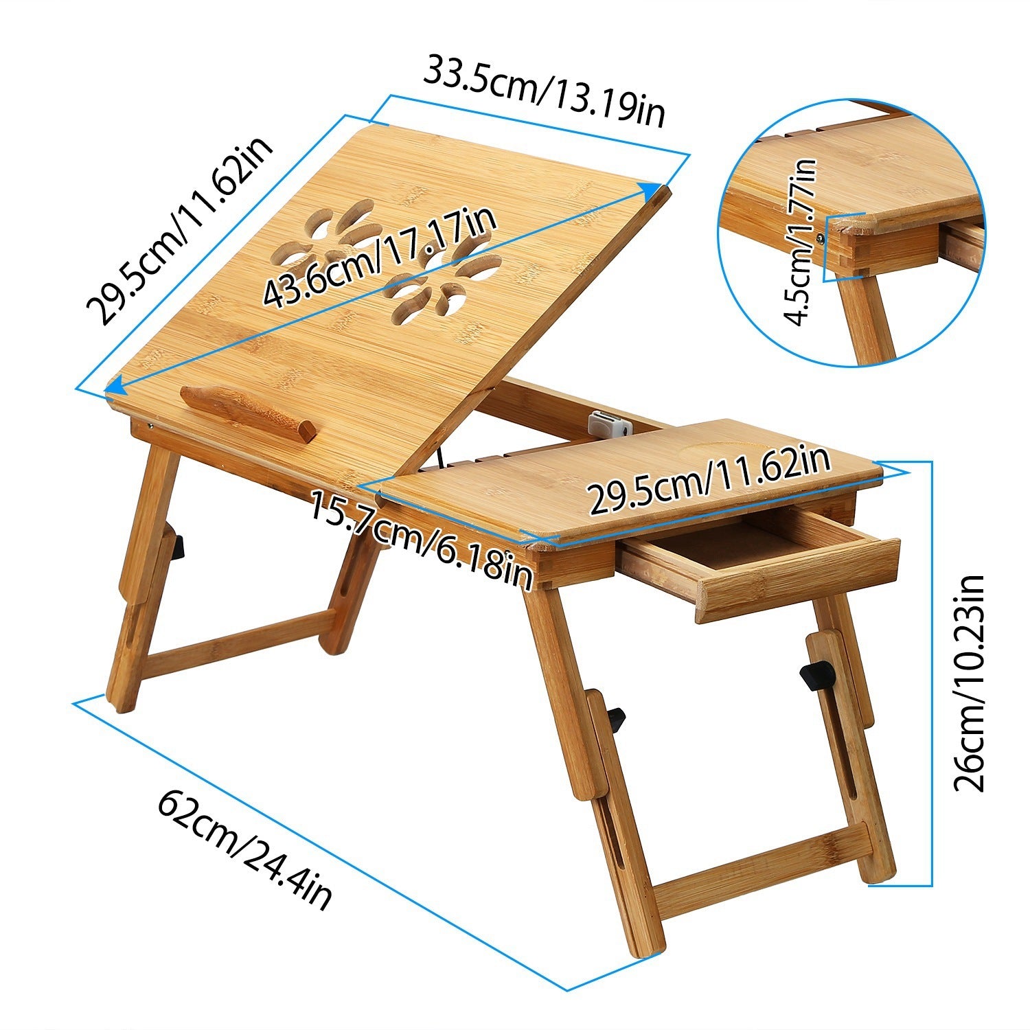 1Pc Bamboo Laptop Desk Breakfast Serving Bed Tray Foldable Leg Multi-Position Adjustable Tilt Surface Bed Lap Tray With Side Storage Drawer For Work Study Reading
