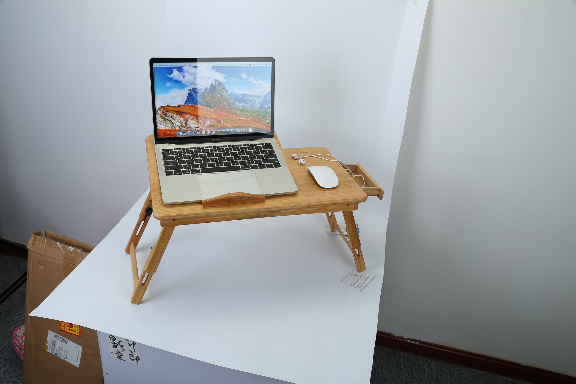 1Pc Bamboo Laptop Desk Breakfast Serving Bed Tray Foldable Leg Multi-Position Adjustable Tilt Surface Bed Lap Tray With Side Storage Drawer For Work Study Reading