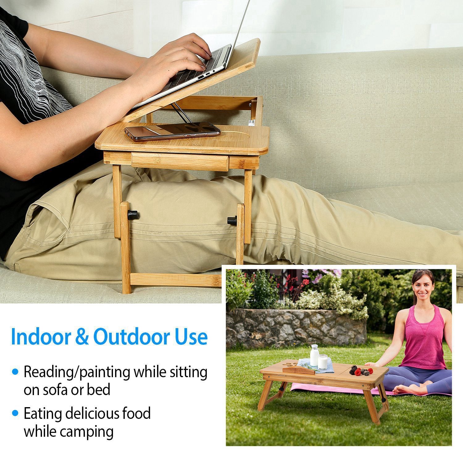 1Pc Bamboo Laptop Desk Breakfast Serving Bed Tray Foldable Leg Multi-Position Adjustable Tilt Surface Bed Lap Tray With Side Storage Drawer For Work Study Reading