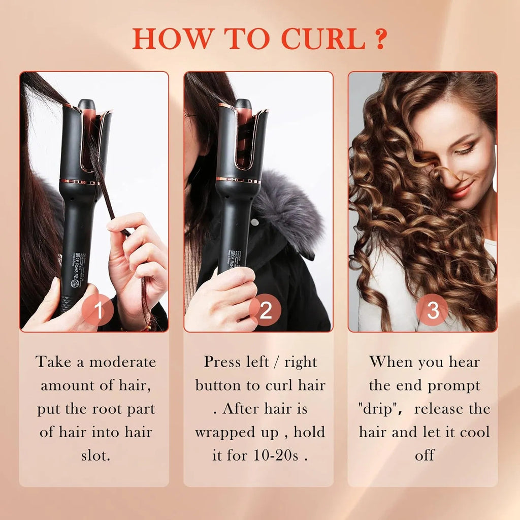 Automatic Curling Iron, Ceramic Ionic Auto-Rotating Hair Curling Wand With Anti-Stuck Technology - Black