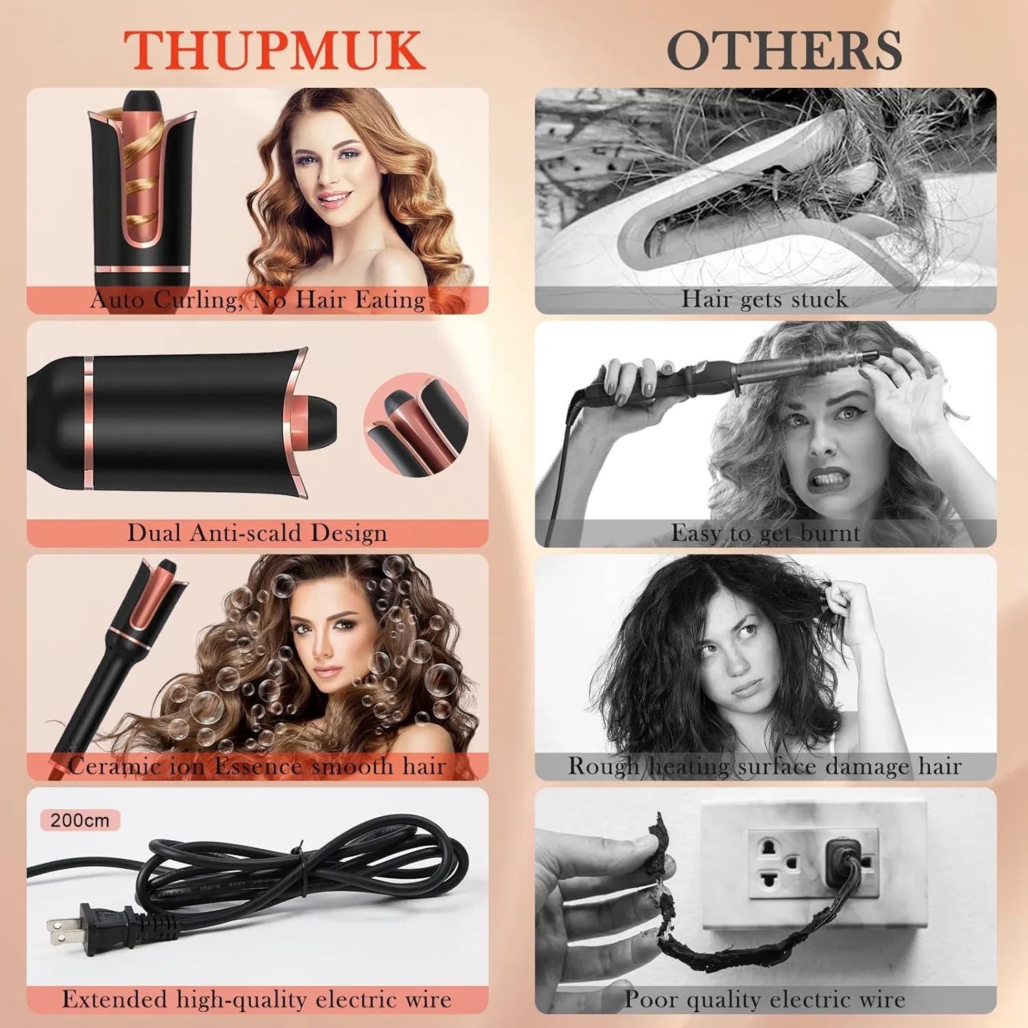 Automatic Curling Iron, Ceramic Ionic Auto-Rotating Hair Curling Wand With Anti-Stuck Technology - Black