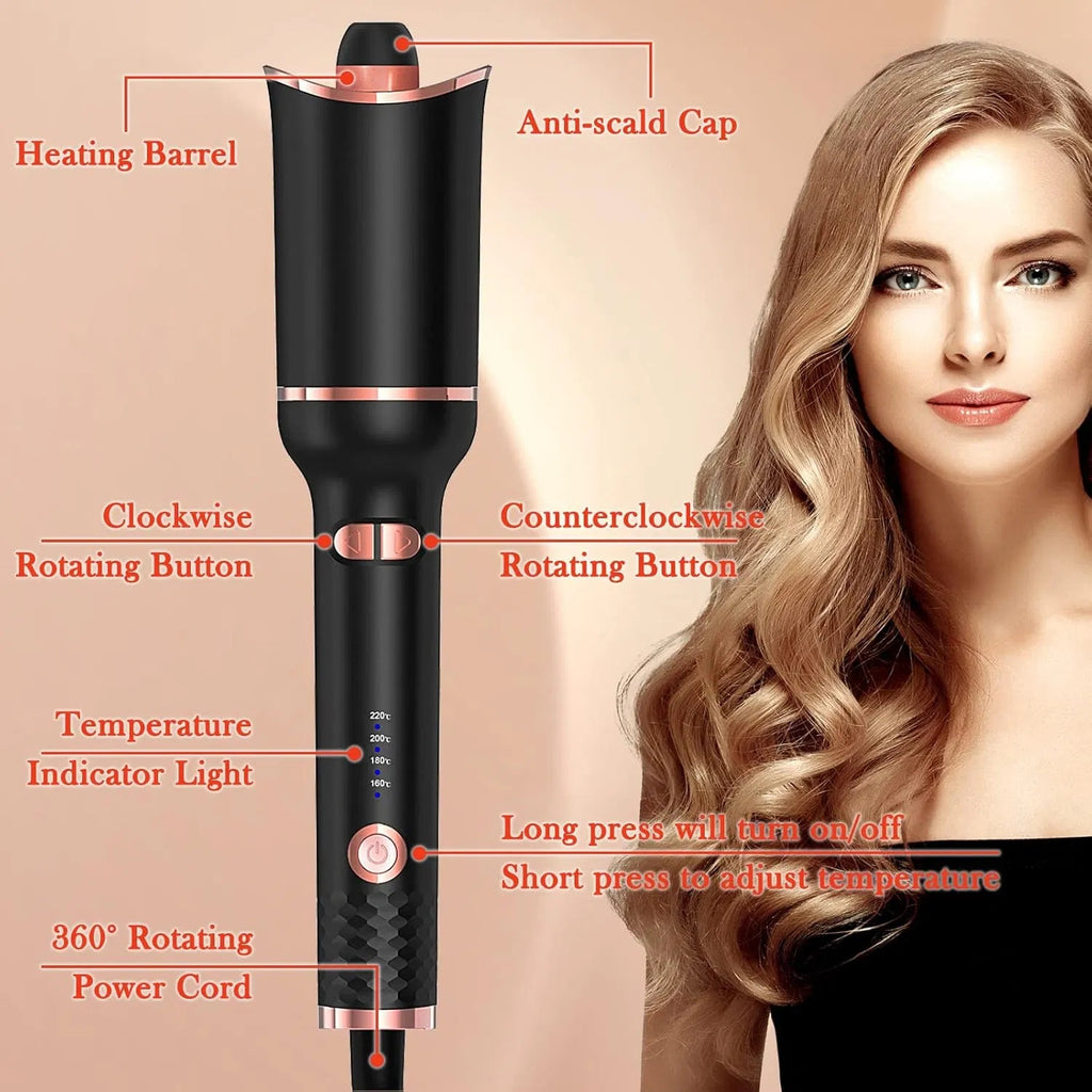 Automatic Curling Iron, Ceramic Ionic Auto-Rotating Hair Curling Wand With Anti-Stuck Technology - Black