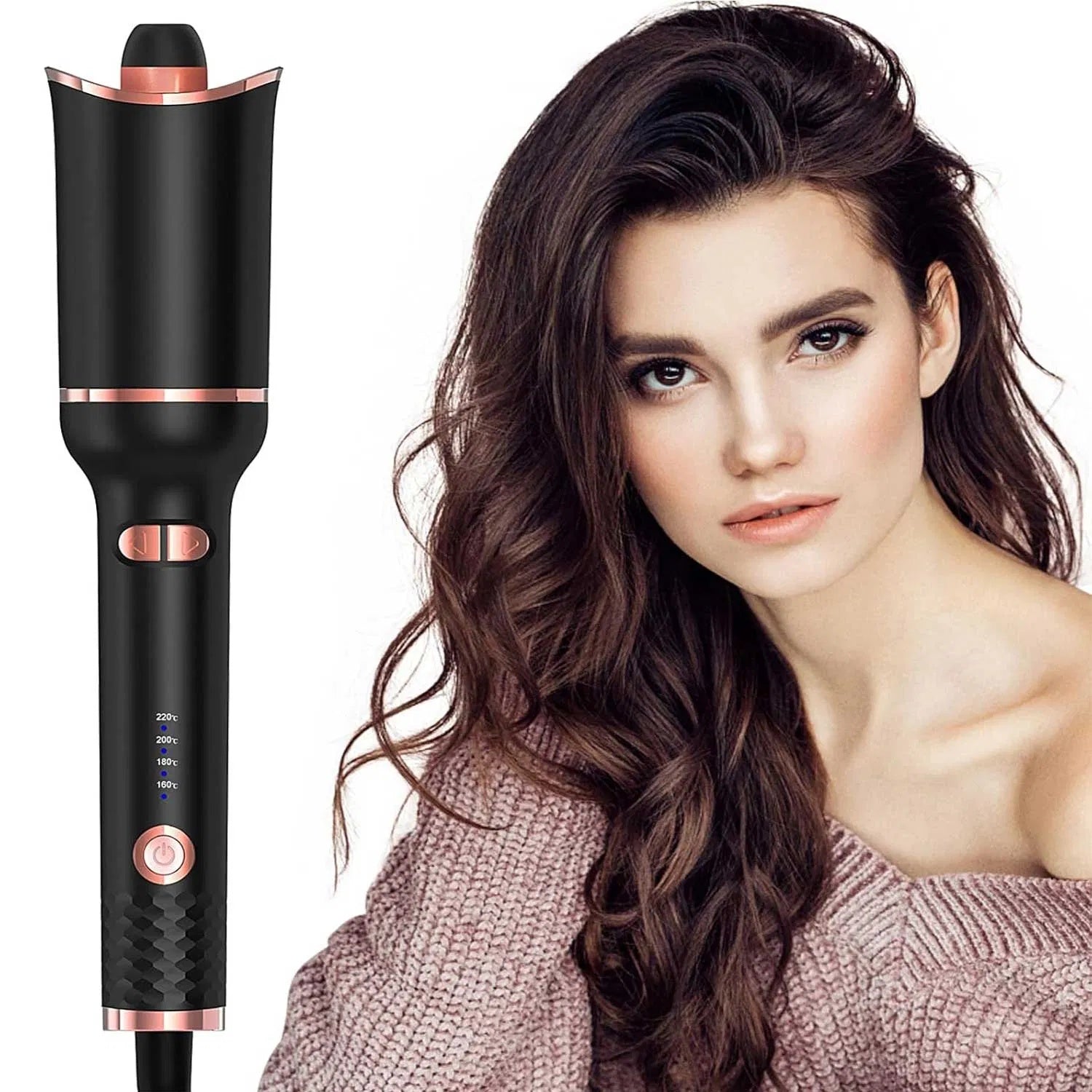 Automatic Curling Iron, Ceramic Ionic Auto-Rotating Hair Curling Wand With Anti-Stuck Technology - Black