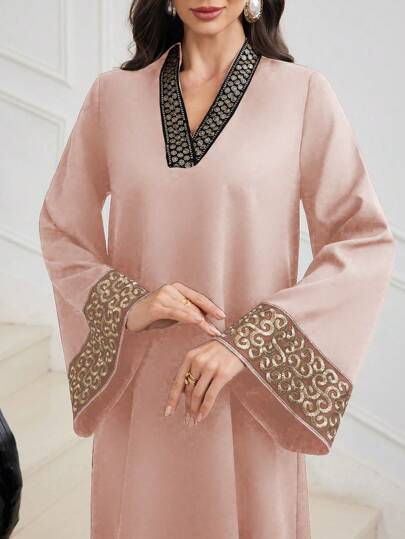 Embroidered Trim Patchwork V-neck Waist Flared Dress
